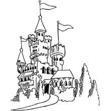 Dibujo de Castillo con torres y banderas ondeantes para colorear