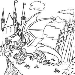 Dibujo de Dragón posado en un acantilado junto a un castillo para colorear