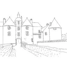Dibujo de Castillo con torres y camino empedrado para colorear