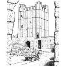 Dibujo de Castillo visto entre dos muros de piedra para colorear