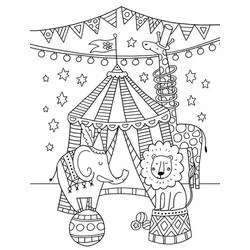 Dibujo de Circo con elefante, león y jirafa para colorear