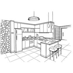 Dibujo de Cocina moderna con isla y taburetes para colorear