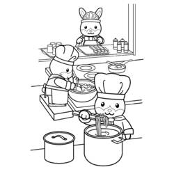 Dibujo de Pequeños conejos cocineros en la cocina para colorear