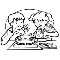 Dibujo de Dos niños cocinando juntos en una cocina para colorear