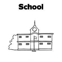 Dibujo de Escuela con torre del reloj y asta de bandera para colorear