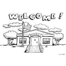 Dibujo de Escuela con letrero de bienvenida para colorear