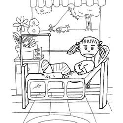 Dibujo de Niña con la pierna enyesada en una cama de hospital para colorear