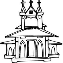 Dibujo de Iglesia con tres torres y ventanas en arco para colorear Dibujo de Iglesia con tres torres y ventanas en arco para colorear