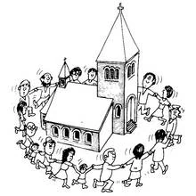 Dibujo de Iglesia rodeada por una ronda de personas tomadas de la mano para colorear Dibujo de Iglesia rodeada por una ronda de personas tomadas de la mano para colorear
