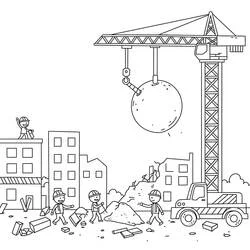 Dibujo de Obras con grúa y bola de demolición para colorear