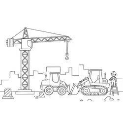 Dibujo de Obras con grúa y bulldozer para colorear
