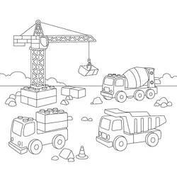Dibujo de Obras con grúa y camiones para colorear
