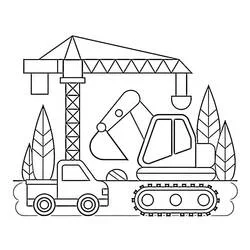 Dibujo de Grúa, excavadora y camión en unas obras para colorear