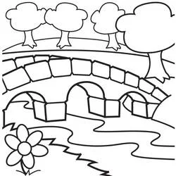 Dibujo de Puente de piedra de arco y cuatro árboles para colorear