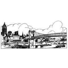 Dibujo de Puente colgante sobre un río urbano para colorear