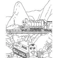 Dibujo de Puente ferroviario con locomotora sonriente para colorear