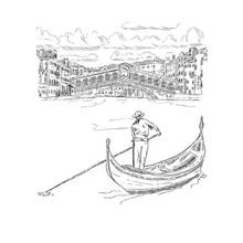 Dibujo de Gondolero remando frente al puente de Rialto para colorear