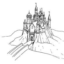 Dibujo de Castillo medieval sobre una colina con puente para colorear