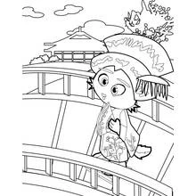 Dibujo de Zorro con kimono cruzando un puente para colorear
