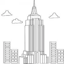 Dibujo de Rascacielos con aguja puntiaguda en el paisaje urbano para colorear