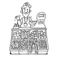 Dibujo de Tendero detrás de su puesto de frutas y verduras para colorear