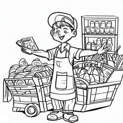 Dibujo de Tienda de comestibles con un vendedor presentando productos para colorear
