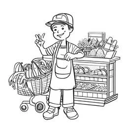 Dibujo de Tienda de comestibles niño con carrito haciendo señal de paz para colorear