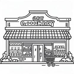 Dibujo de Tienda de comestibles con carrito de compras para colorear