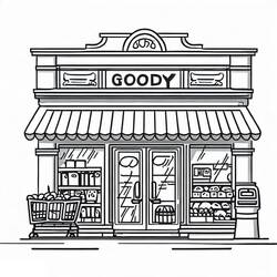 Dibujo de Tienda de comestibles con toldo rayado para colorear