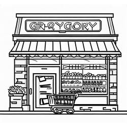 Dibujo de Tienda de comestibles con toldo y carrito para colorear