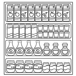 Dibujo de Estantes de tienda de comestibles llenos de frascos y botellas para colorear