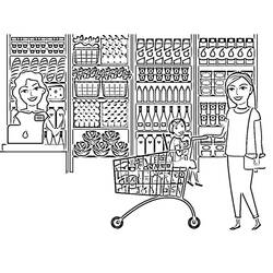 Dibujo de Escena de compras en una tienda de comestibles para colorear