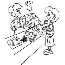 Dibujo de Cajero cobrando la compra a una clienta para colorear