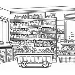 Dibujo de Pasillos de supermercado llenos de botellas y frascos para colorear