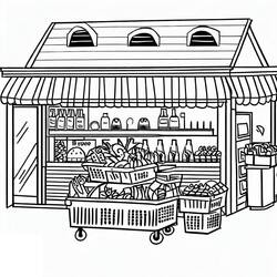 Dibujo de Tienda de comestibles con cestas de frutas para colorear