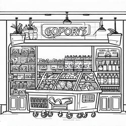 Dibujo de Tienda de comestibles con carrito de frutas para colorear