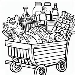 Dibujo de Carrito de tienda de comestibles repleto de alimentos para colorear