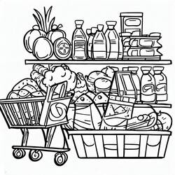 Dibujo de Tienda de comestibles con carrito y canasta llenos para colorear