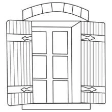 Dibujo de Ventana con contraventanas de madera y arco de ladrillo para colorear