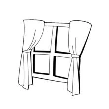 Dibujo de Ventana con cuatro cristales y cortinas abiertas para colorear
