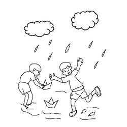 Dibujo de Dos niños jugando con barcos de papel bajo la lluvia para colorear
