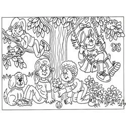 Dibujo de Niños jugando juntos bajo un árbol para colorear