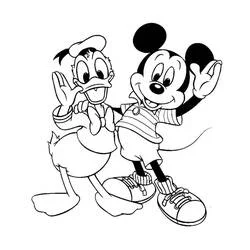 Dibujo de Mickey y Donald saludándose juntos para colorear