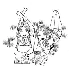 Dibujo de Dos mejores amigas tumbadas en la hierba leyendo para colorear
