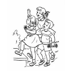 Dibujo de Tres niños caminando juntos con flores para colorear