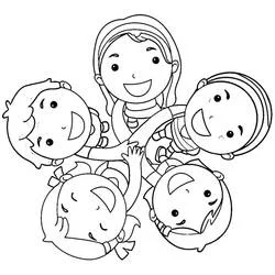 Dibujo de Cinco niños reunidos en círculo con las manos juntas para colorear