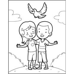 Dibujo de Dos amigos abrazados con una paloma volando para colorear