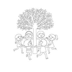 Dibujo de Niños bailando alrededor de un árbol para colorear
