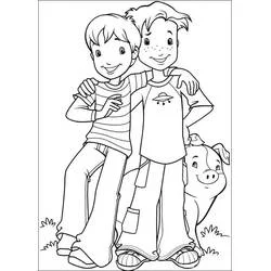 Dibujo de Dos niños abrazados con un cerdito para colorear