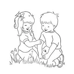 Dibujo de Amistad entre dos niños y un pollito para colorear